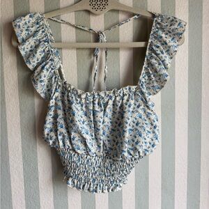 SHEIN Blue Floral Ruffle Crop Top